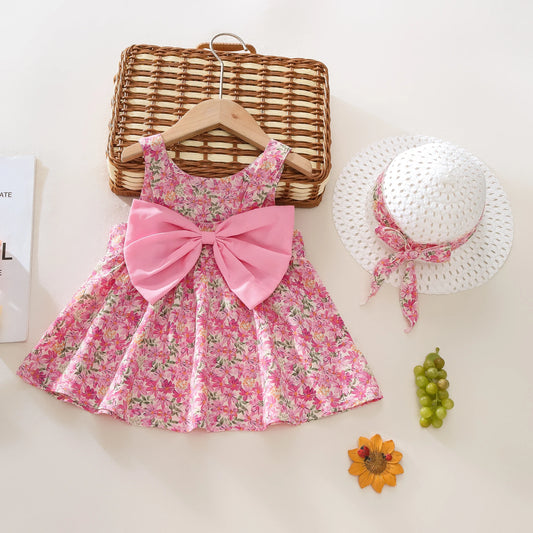 Summer 2-Piece Baby Dress+Sun Hat Bow Strap Floral Baby Girl Dress Soft And Comfortable Children'S Clothing - TiniLoom
