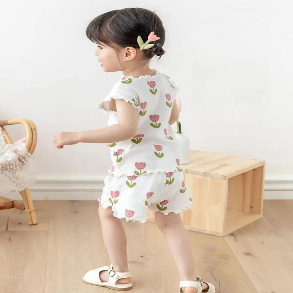 Bear Leader Summer New Pajama Baby Girl Clothes 3-7 Years Old Flower Printed Short Sleeved Top + Shorts Cute Children's Set - TiniLoom