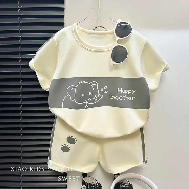 Children's Top and Bottom Clothes Set Short-sleeved Suit Striped Girls Boys T-shirt Summer Children's Clothing Loungewear Outfit - TiniLoom