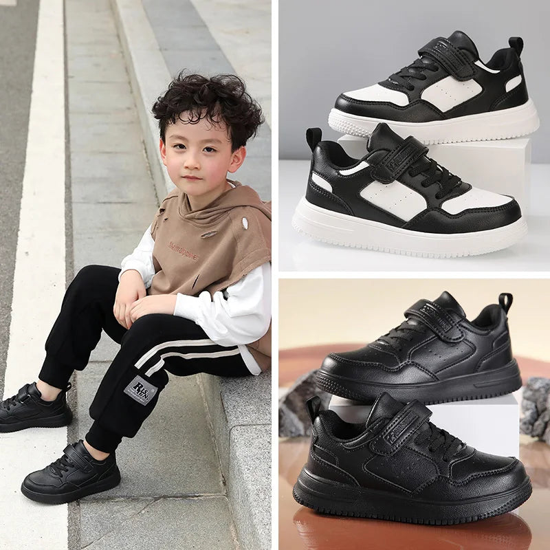 Children Sneaker Boys Casual Shoes Black Leather Flat Student Walking Shoes Non-slip Girl Lightweight Sports Tennis Footwear - TiniLoom