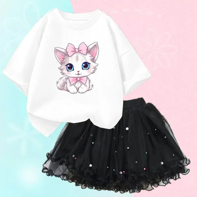 Cute Summer Girls Outfits Cartoon Cat T-shirt and Tutu Skirt 2pc/Set Girl Princess Clothes Suit Children Birthday Clothing - TiniLoom