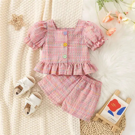 (0-3 Years Old) Summer Baby Girl Cotton Colored Plaid Bubble Sleeve Top and Shorts Set Cute Princess Style Girl Two-piece Set - TiniLoom