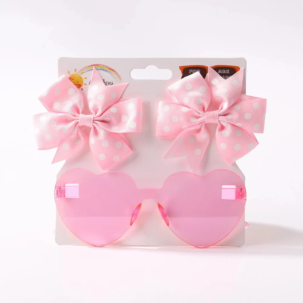 3Pcs/Pack Solid Dot Hair Bows Clip Girls Boutique Bowknot Hair Clips Kids Colorful Heart Sun Glasses Children Hair Accessories - TiniLoom