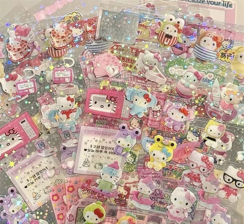 5pcs Kt Rilakkuma Cartoon Die-Cutting Sticker Kt Cat Diy Flashing Laser Stickers Anime Handbook Material Stickers Girl Kid Gift - TiniLoom