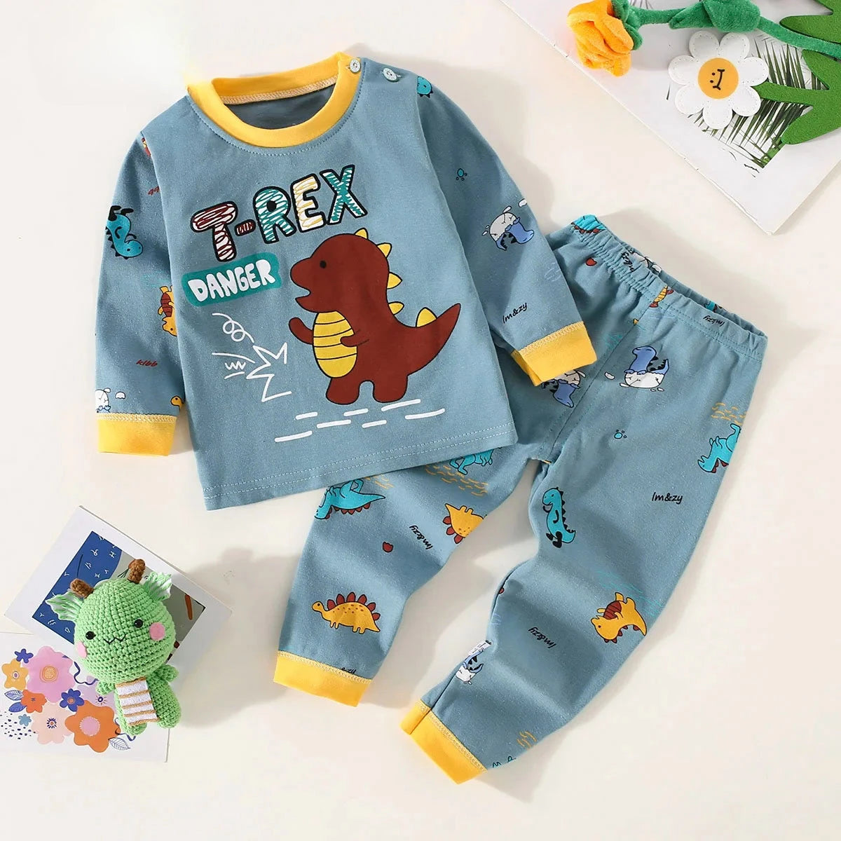 Toddler Boys Underwear Set Cotton Lettering And Bear Pattern Long Sleeve Top And Matching Pants Pajama Set - TiniLoom