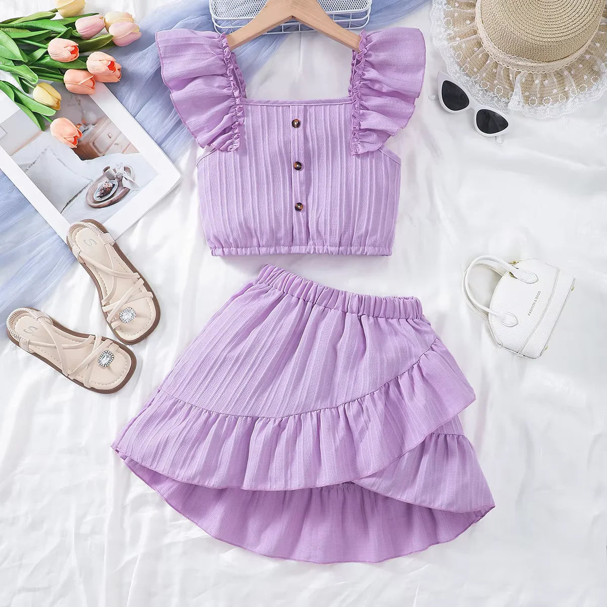 Kid Girls Summer Princess Clothing Set Flutter Sleeve Plain Color Tops+Short Skirt Sweet Style Party Wear For Child 8-12 Years - TiniLoom