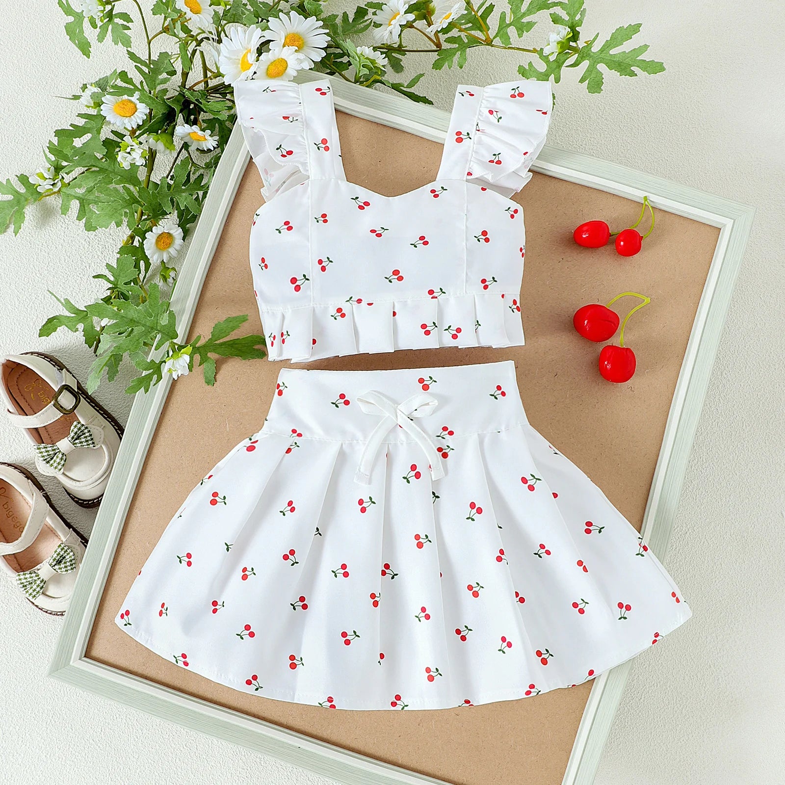 2PCS  Summer New Style Girls 1-4 Years Old Comfortable Sweet Cherry Love Pattern Top + Short Skirt Set - TiniLoom