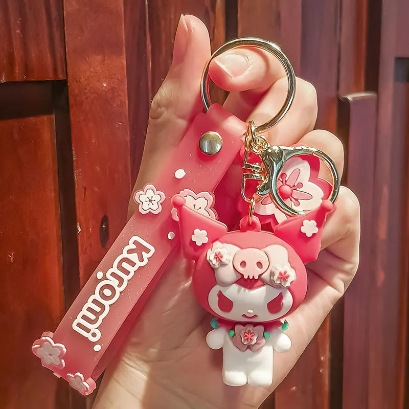 Sanrio Keychain Pink Cherry Blossom Cartoon Doll Kitty Kuromi Cute Cartoon Girl Pericarp Hanging Decoration School Bag Hanging - TiniLoom