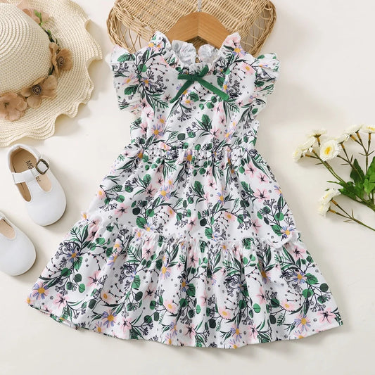 1-6 Years Kids Baby Girl Daily Dress Flowers Print Sleeveless Retro Style Lovely A- Line Summer Children Holiday Party Dresses - TiniLoom