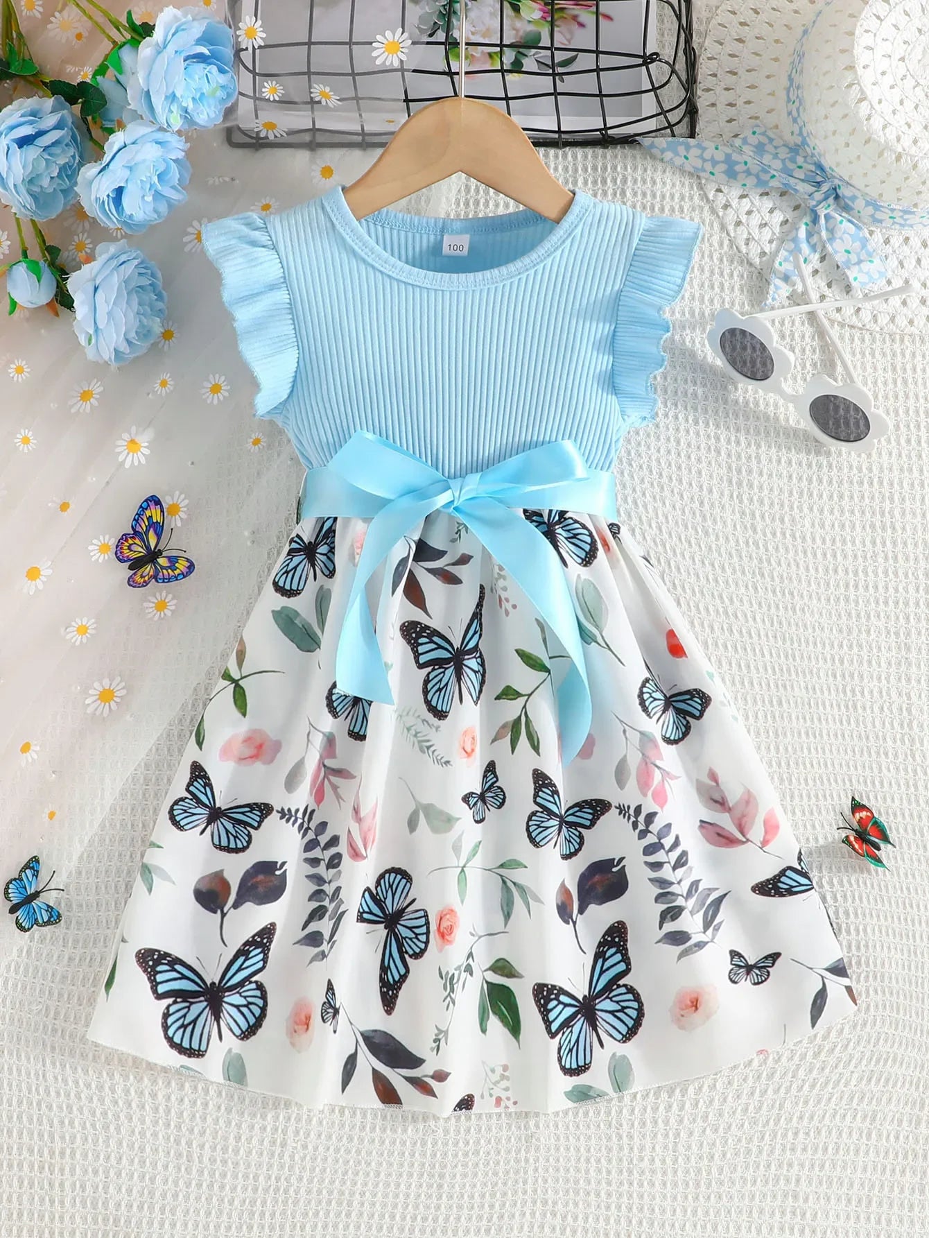 Set For Kids  Girl 3-7 Years old Ruffled Sleeve Butterfly Floral Tulle Cute Princess Formal Dresses with Belt Ootd For Baby Girl - TiniLoom