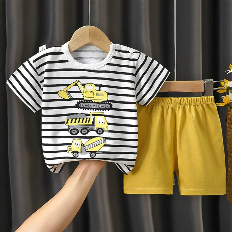 1-6 Y Kids Cartoon Excavator Striped T-Shirt+Shorts 2-Piece Set Cotton Pajama Baby Boys Girls Summer Casual Tracksuit Clothes Su - TiniLoom