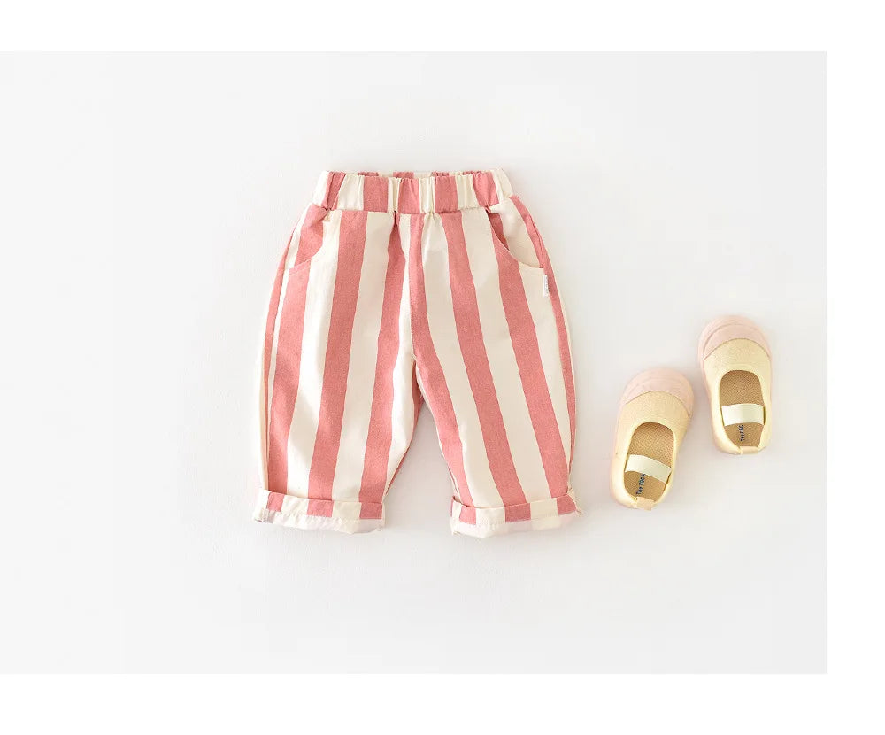 2024 Autumn Boy Girl Children Loose Striped Casual Pants Baby Pockets Fashion Pants Kid Outdoor Cotton Trousers Toddler Costume - TiniLoom