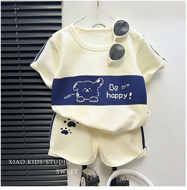 Children's Top and Bottom Clothes Set Short-sleeved Suit Striped Girls Boys T-shirt Summer Children's Clothing Loungewear Outfit - TiniLoom