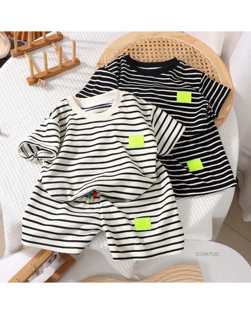 2Pcs Fashion Children Short Sleeve Shorts Sets Summer Kids Clothes Boys Baby Cotton Tee Pant Outfits Black and White Stripe - TiniLoom