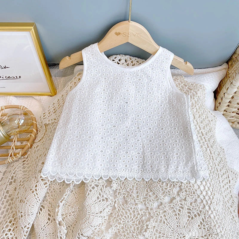 Girls 2024 Summer Clothing Sets Hollow Lace Suit Baby Casual Sleeveless T-shirt+Shorts Kids Clothing Sets Baby Clothes Outfits - TiniLoom