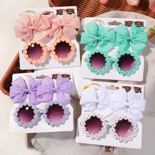 3Pcs/set Cheer Bow Hairclips Retro Flower Sunglasses for Kids Printing Handmade Hairgripes Girls Headwear Glasses Accessories - TiniLoom
