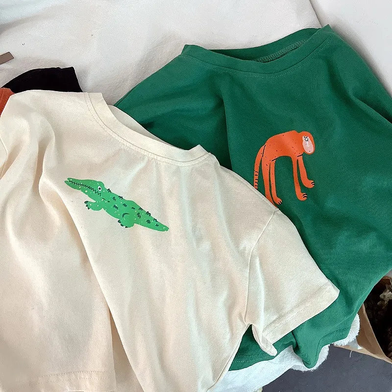 Animal Pattern Baby Boys Girls Short Sleeve Tops Kids Tees Summer Clothing Loose Fashion Trendy Children's Wear T-shirt O-neck - TiniLoom