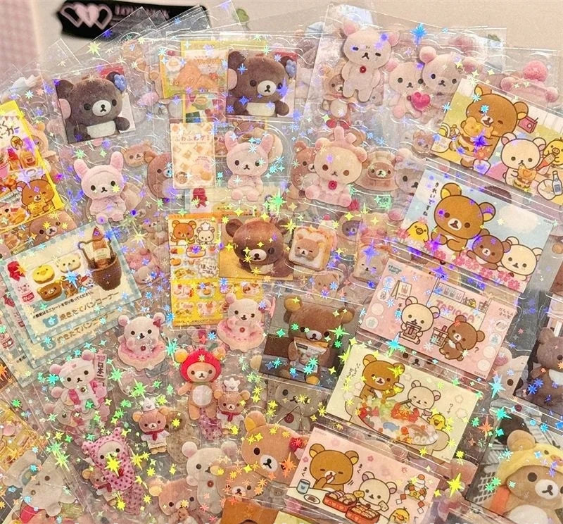 5pcs Kt Rilakkuma Cartoon Die-Cutting Sticker Kt Cat Diy Flashing Laser Stickers Anime Handbook Material Stickers Girl Kid Gift - TiniLoom