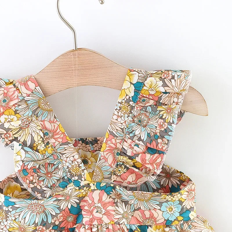(Girls 0-3 years old)New Summer Girls Dress Halter Small Flying Sleeve Ruffled Flowers Full Print + Crossbody Bag A-line Dress - TiniLoom