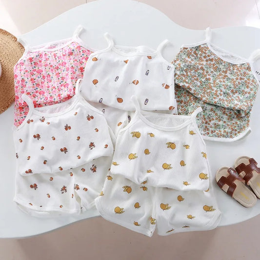 Girls Summer Clothes Sets New Baby Sleeveless Tops Shorts 2 Pieces Suit Girls Square Collar Clothing Set Kids Cotton Clothes - TiniLoom