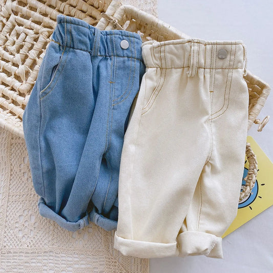 Baby Solid Color Jeans 0-3 Years Old Baby Spring Dress Girls Korean High Waist Casual Pants Boys Pants - TiniLoom
