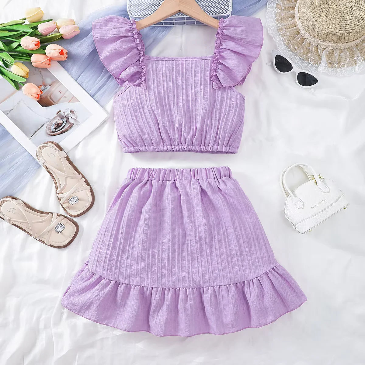 Kid Girls Summer Princess Clothing Set Flutter Sleeve Plain Color Tops+Short Skirt Sweet Style Party Wear For Child 8-12 Years - TiniLoom