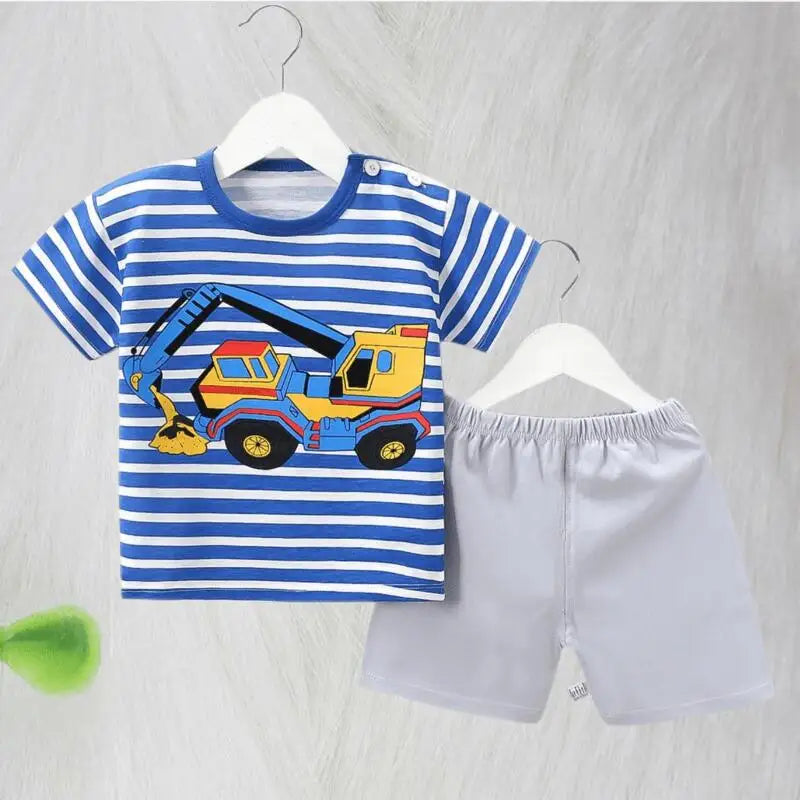 1-6 Y Kids Cartoon Excavator Striped T-Shirt+Shorts 2-Piece Set Cotton Pajama Baby Boys Girls Summer Casual Tracksuit Clothes Su - TiniLoom