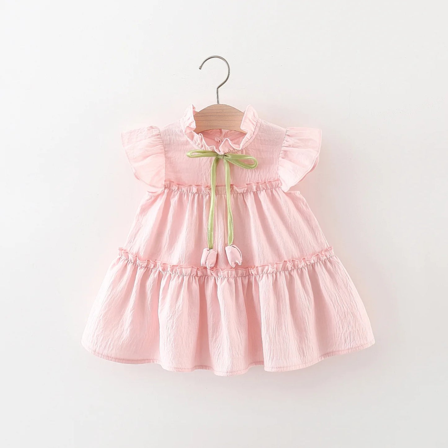 Summer Tulip Solid Small Flying Sleeves Dress For Kids Girl Cute Pink Princess Dress For Baby Kids - TiniLoom