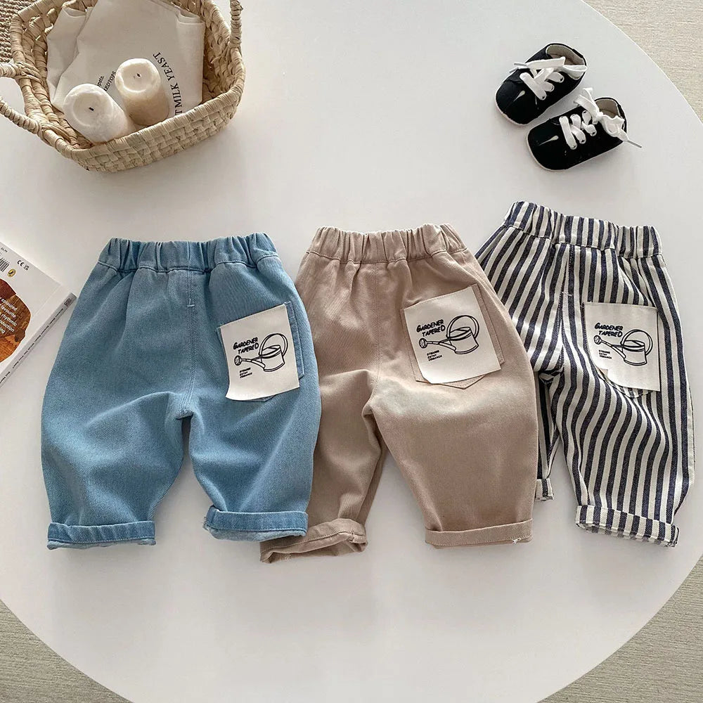 1-5Y Kid's Jeans New 2024 Autumn Solid Color Denim Pants Loose Style Boys Trousers Mid Waist Kid's Outdoor Pants - TiniLoom