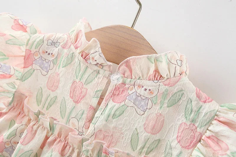 Summer Hardwear Girl Dress Tulip Cartoon Rabbit Print Small Flying Sleeves Flower Neck Bow Ribbon Tulip Flower Pattern - TiniLoom