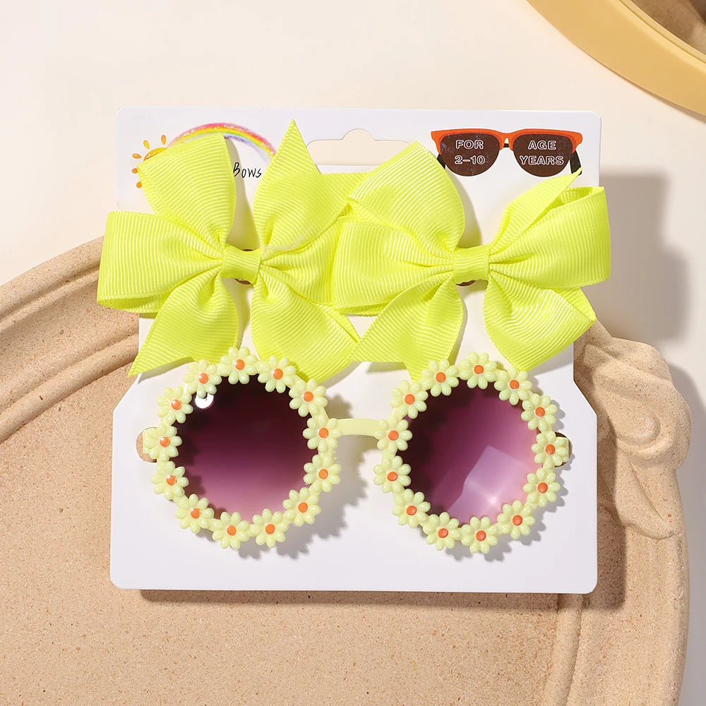 3Pcs/set Cheer Bow Hairclips Retro Flower Sunglasses for Kids Printing Handmade Hairgripes Girls Headwear Glasses Accessories - TiniLoom