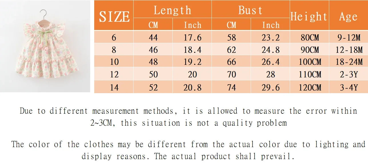Summer Hardwear Girl Dress Tulip Cartoon Rabbit Print Small Flying Sleeves Flower Neck Bow Ribbon Tulip Flower Pattern - TiniLoom