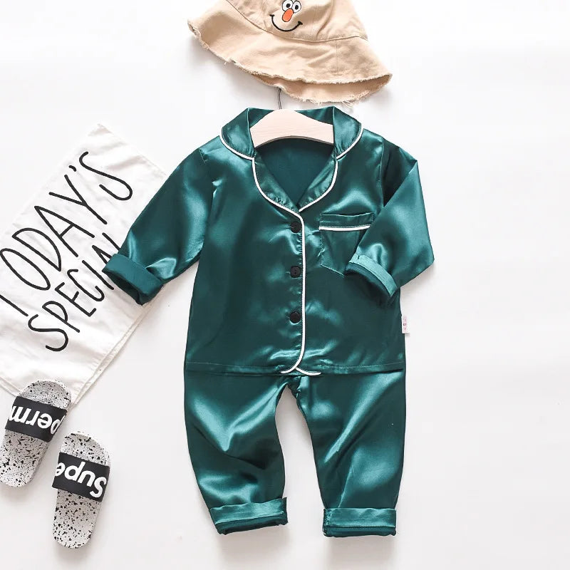 Korean version of childrens pajamas set silk satin long sleeve top+trousers two -piece male baby girl cartoon solid color set - TiniLoom