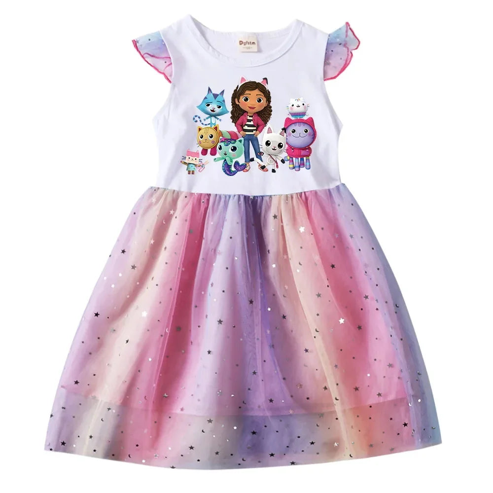 Baby Girls Dress Children Cartoon Mesh Star Sequins Princess Dress Kids Flying Sleeve Skirt For Daily Halloween Birthday Gift - TiniLoom
