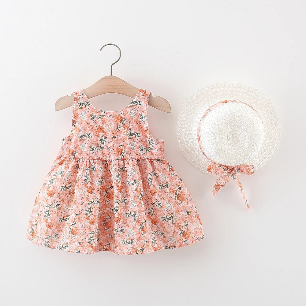 Summer 2-Piece Baby Dress+Sun Hat Bow Strap Floral Baby Girl Dress Soft And Comfortable Children'S Clothing - TiniLoom