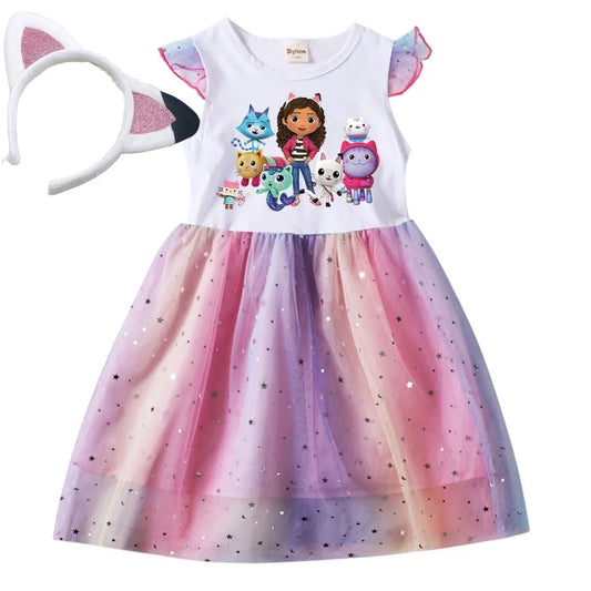 Baby Girls Dress Children Cartoon Mesh Star Sequins Princess Dress Kids Flying Sleeve Skirt For Daily Halloween Birthday Gift - TiniLoom