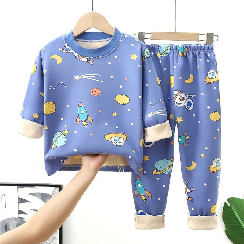 Kids Warm Pajama Sets Autumn Winter Plus Velvets Clothing Suits Boys Girls Fashion Print Pullover+Pants 2Pcs Outfits 1-14 Years - TiniLoom