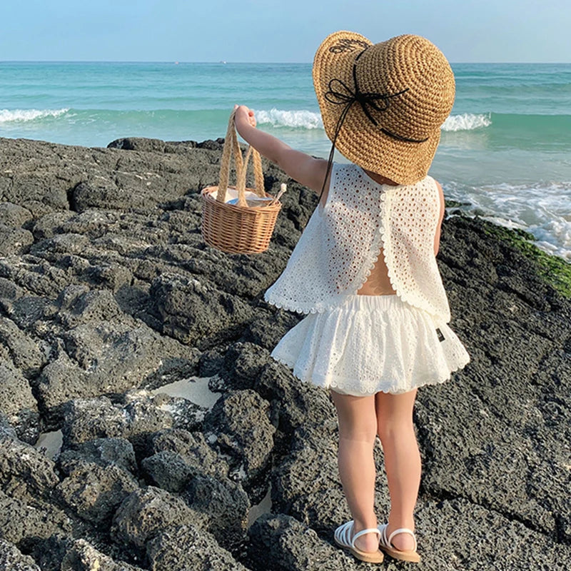 Girls 2024 Summer Clothing Sets Hollow Lace Suit Baby Casual Sleeveless T-shirt+Shorts Kids Clothing Sets Baby Clothes Outfits - TiniLoom
