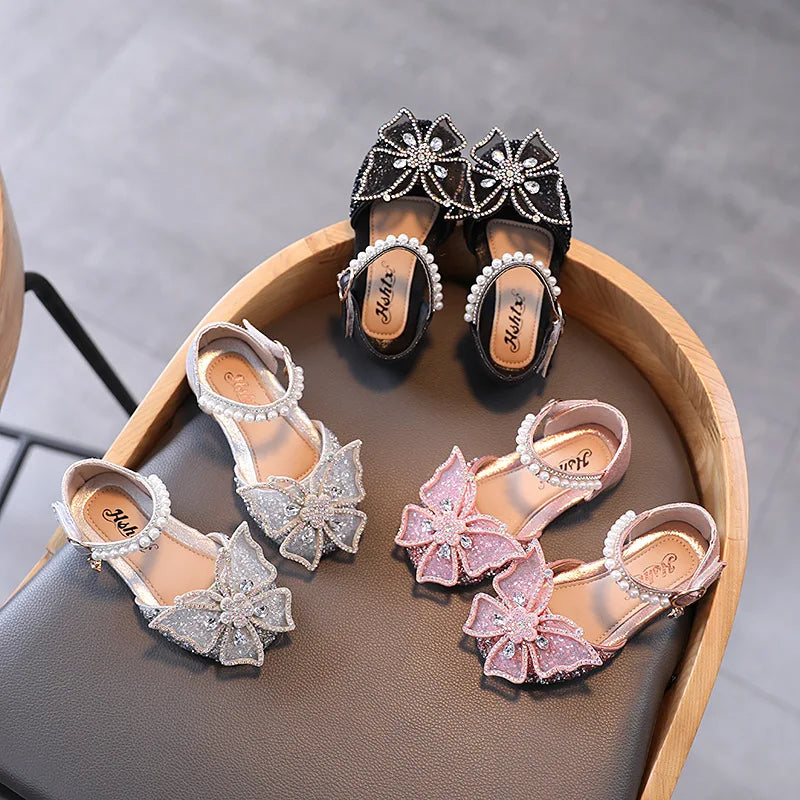 Summer Girls Sandals Fashion Sequins Rhinestone Bow Girls Princess Shoes Baby Girl Shoes Flat Heel Sandals Size 21-35 - TiniLoom