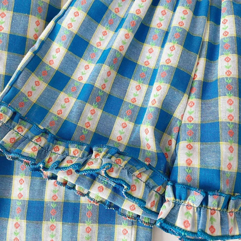 Children's Clothing Sets Blue Plaid Floral Print Sleeveless Top + Wide Leg Pants + Shorts 3 Pcs Sets Kids Clothes for Girls - TiniLoom