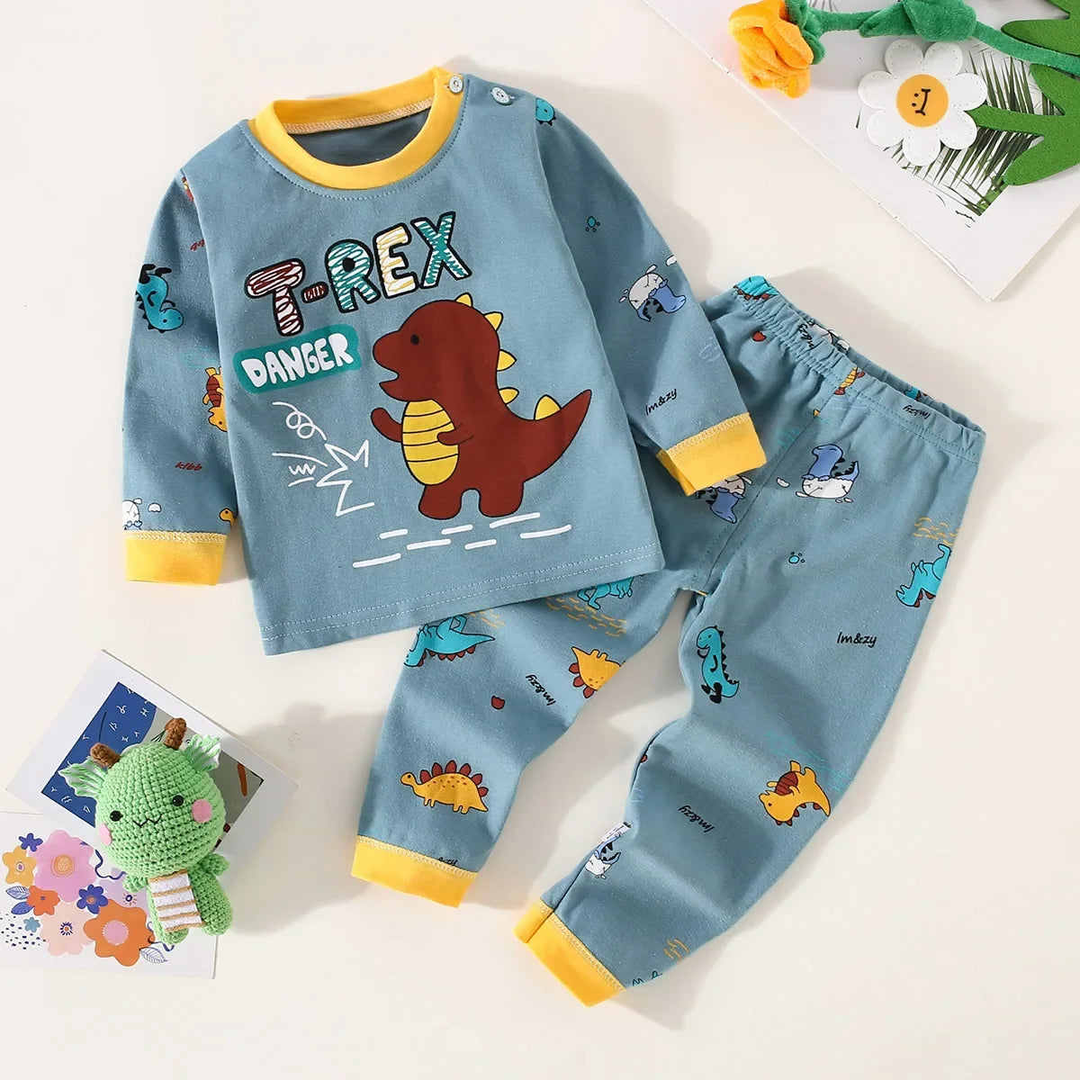 Toddler Boys Underwear Set Cotton Lettering And Bear Pattern Long Sleeve Top And Matching Pants Pajama Set - TiniLoom