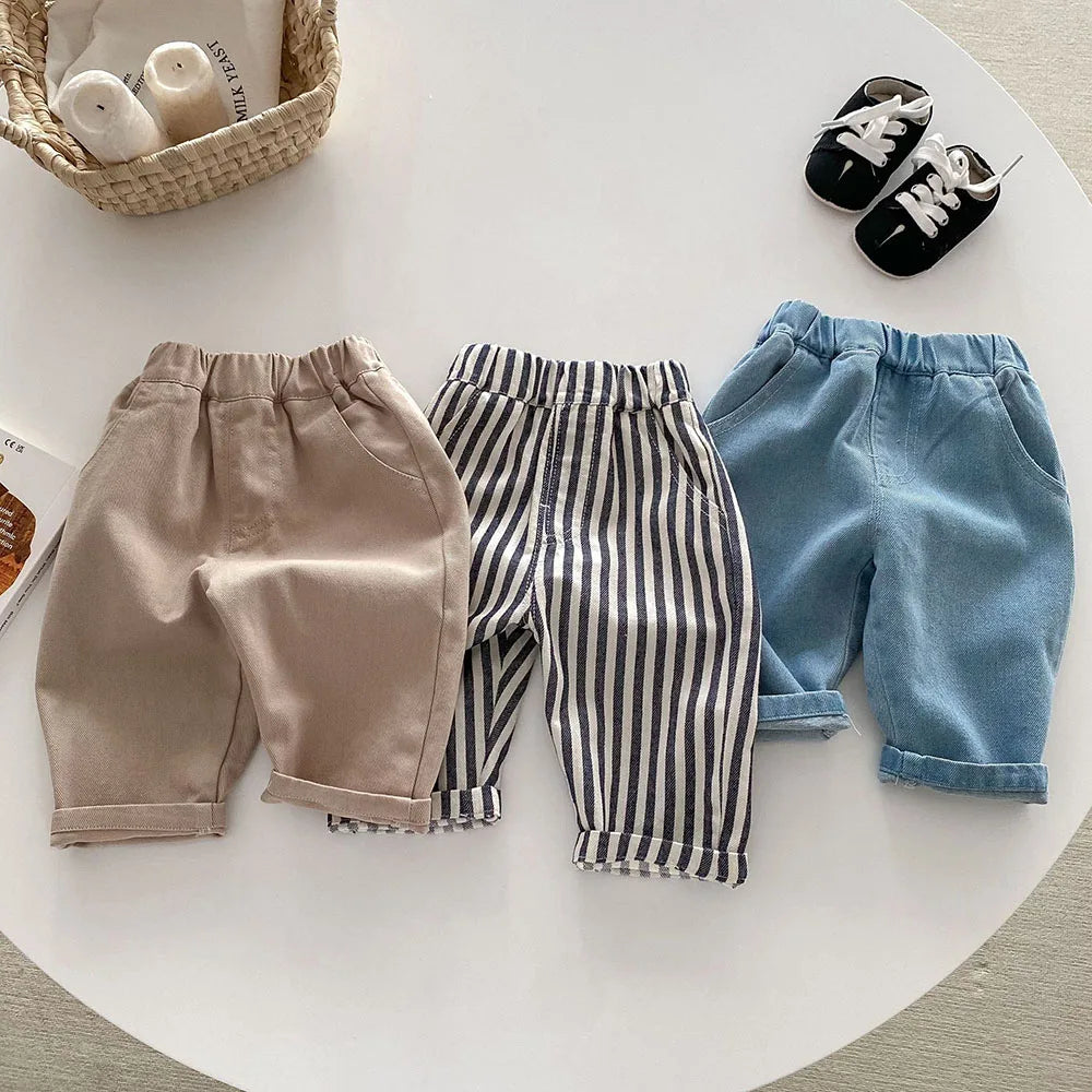 1-5Y Kid's Jeans New 2024 Autumn Solid Color Denim Pants Loose Style Boys Trousers Mid Waist Kid's Outdoor Pants - TiniLoom