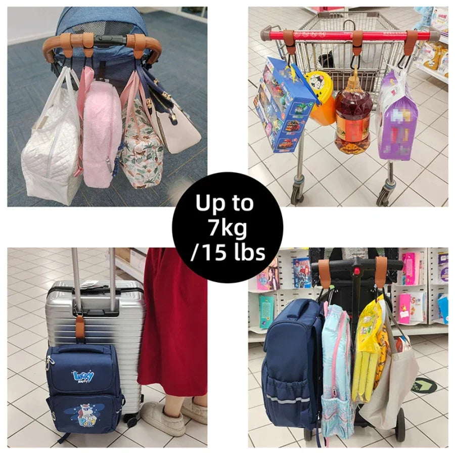 1/2PCS Baby Stroller Hooks - PU Leather Pram Organizer for Diaper Bag, Travel Accessories with Climbing Buckle