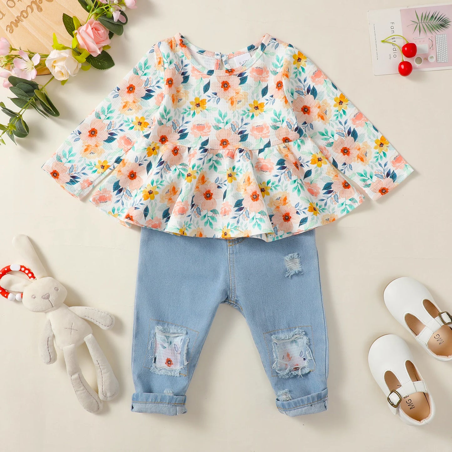 1-4 Years Kids Girls Suit Long Sleeve Flower Ruffle Tops+Elastic Waist Denim Pants 2pcs Set Toddler Girl Clothes Spring Outfit - TiniLoom