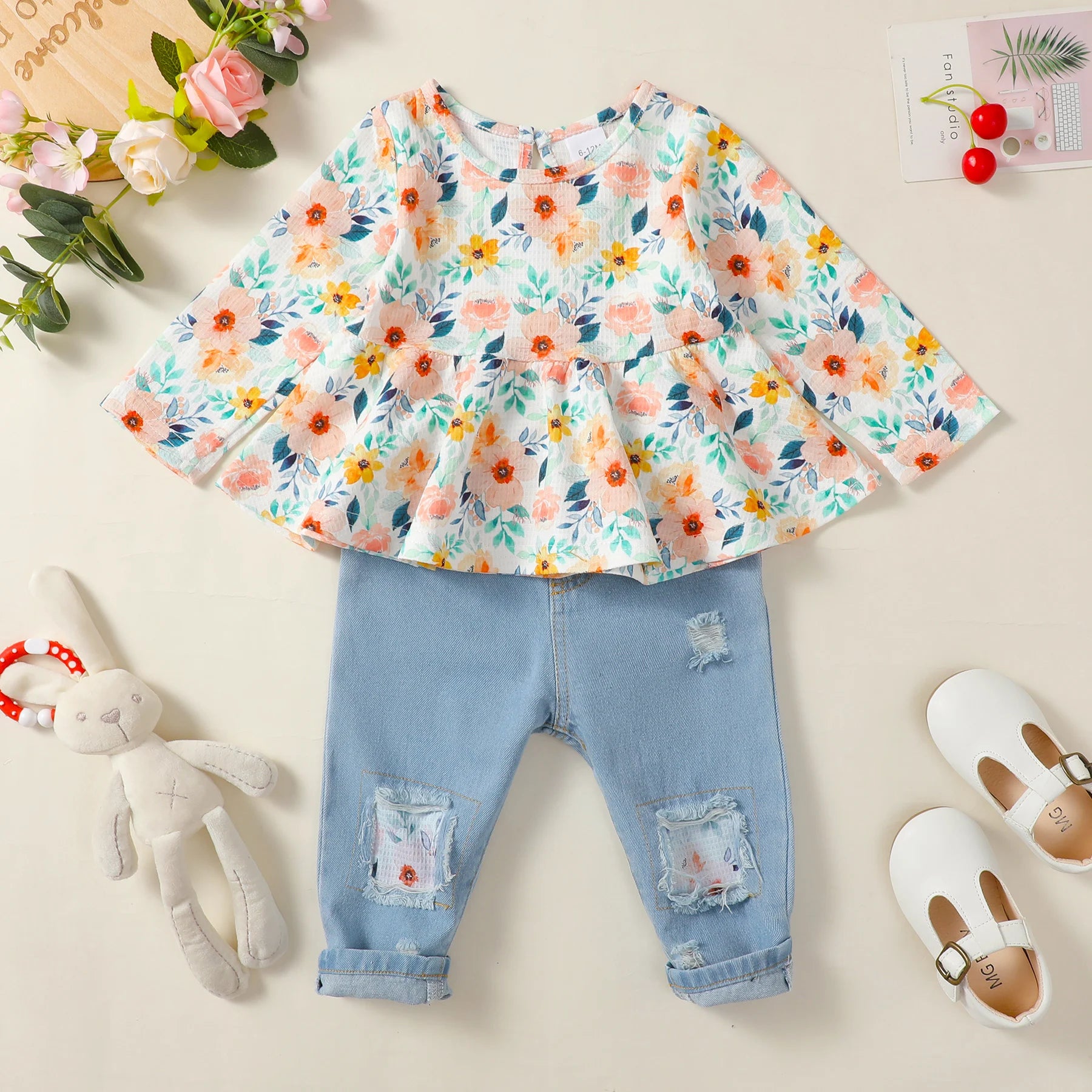1-4 Years Kids Girls Suit Long Sleeve Flower Ruffle Tops+Elastic Waist Denim Pants 2pcs Set Toddler Girl Clothes Spring Outfit - TiniLoom