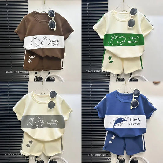 2024 New Kids Short Sleeve Suit Striped Girls Boys Set Summer Tops +short Baby Clothes Children's Wear - TiniLoom