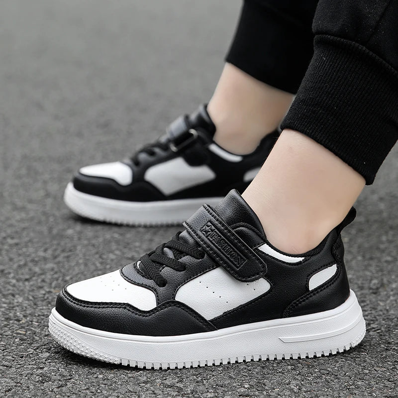 Children Sneaker Boys Casual Shoes Black Leather Flat Student Walking Shoes Non-slip Girl Lightweight Sports Tennis Footwear - TiniLoom