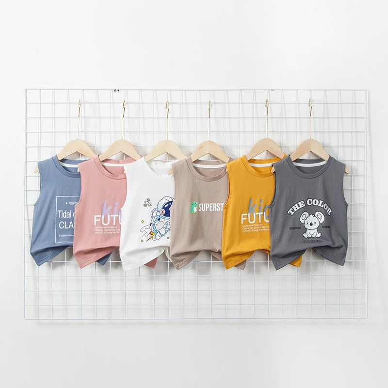 Children's Summer T-shirts Boys Girls Vests Sleeveless Cartoon Tee Tops 100% Cotton Comfortable Kids T-shirt Clothes Fashion New - TiniLoom