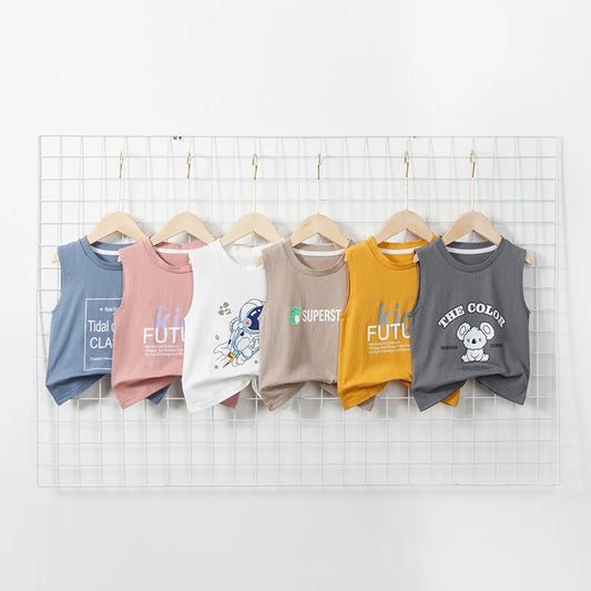 Children's Summer T-shirts Boys Girls Vests Sleeveless Cartoon Tee Tops 100% Cotton Comfortable Kids T-shirt Clothes Fashion New - TiniLoom