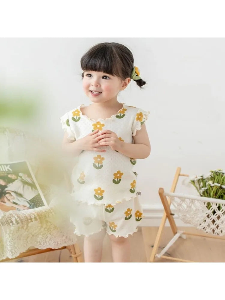 Bear Leader Summer New Pajama Baby Girl Clothes 3-7 Years Old Flower Printed Short Sleeved Top + Shorts Cute Children's Set - TiniLoom